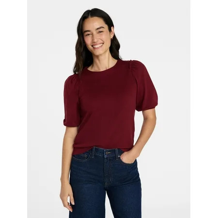 Time and Tru Women's Cotton Crewneck Tee with Puff Sleeves, Sizes XS-XXXL | Walmart (US)