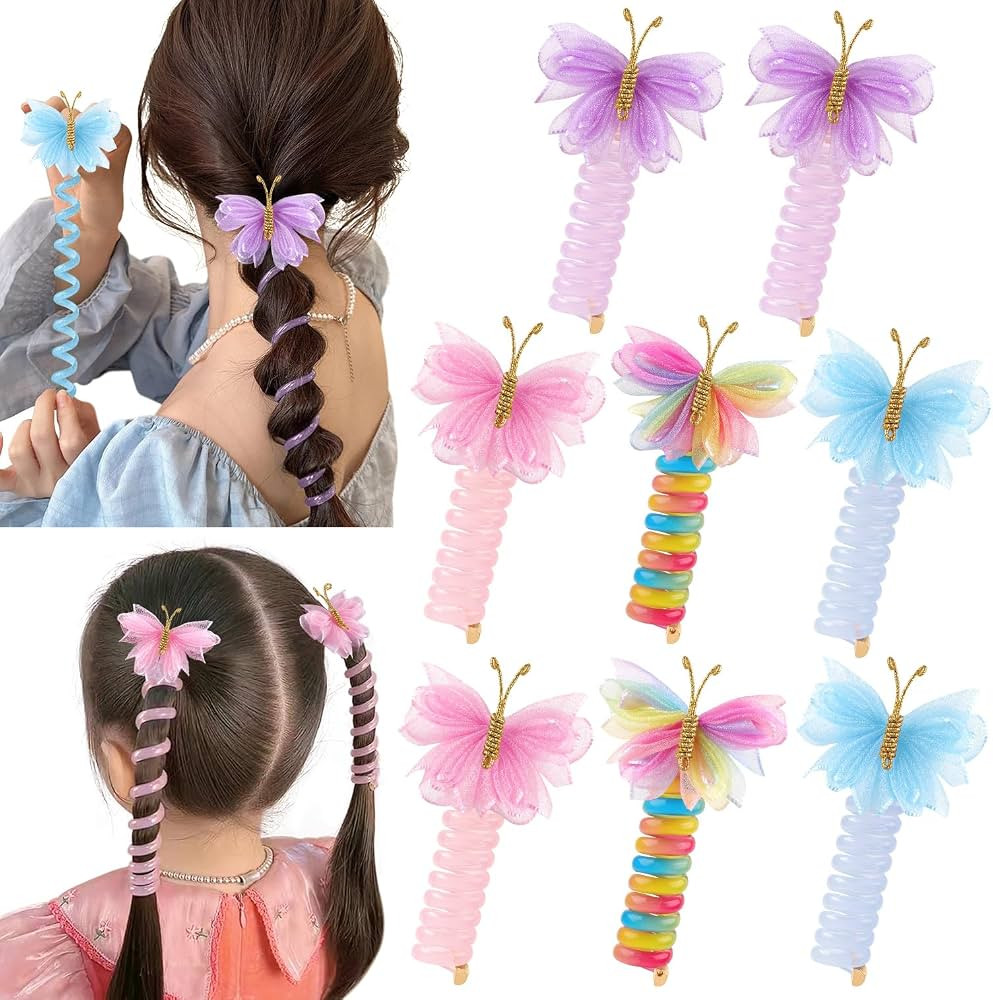8 Pcs Butterfly Telephone Wire Hair Bands for Kids Girls Colorful Butterfly Spiral Hair Ties Phon... | Amazon (US)