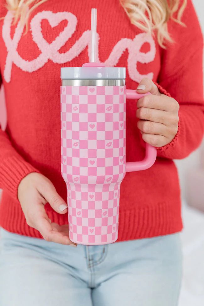 Sippin' Pretty Checkered Hearts and Lips 40 oz Drink Tumbler With Lid and Straw FINAL SALE | Pink Lily
