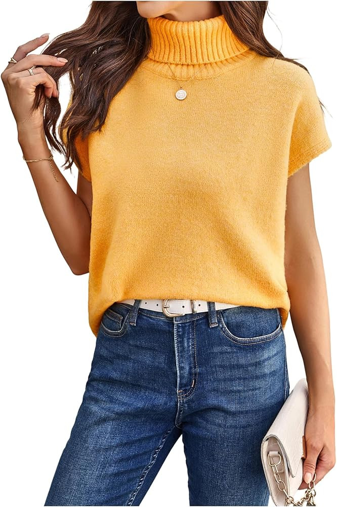 WDIRARA Women's Turtleneck Cap Sleeve Sweater Vest Pullover Knitted Top Loose Oversized Knitwear | Amazon (US)