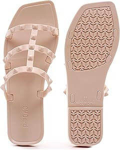 Women Flats Sandals, Studded Jelly Shoes Size 9 Red Dressy Summer Beach Rivets Strappy Jellies Sl... | Amazon (US)