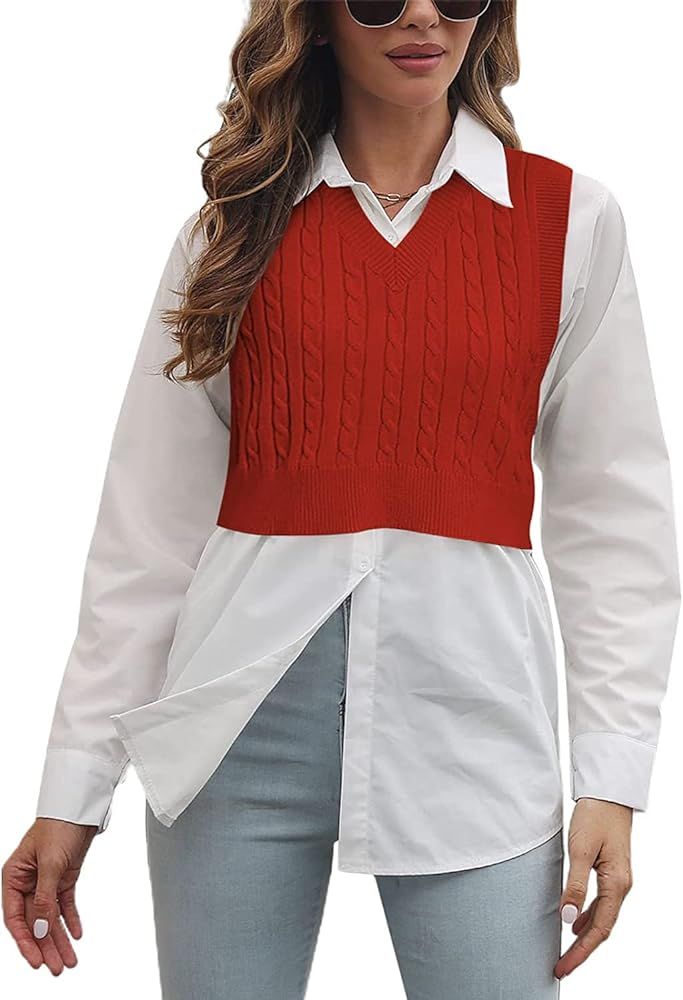 Lailezou Women's V-Neck Knit Sweater Vest Solid Color Argyle Plaid Preppy Style Sleeveless Crop K... | Amazon (US)