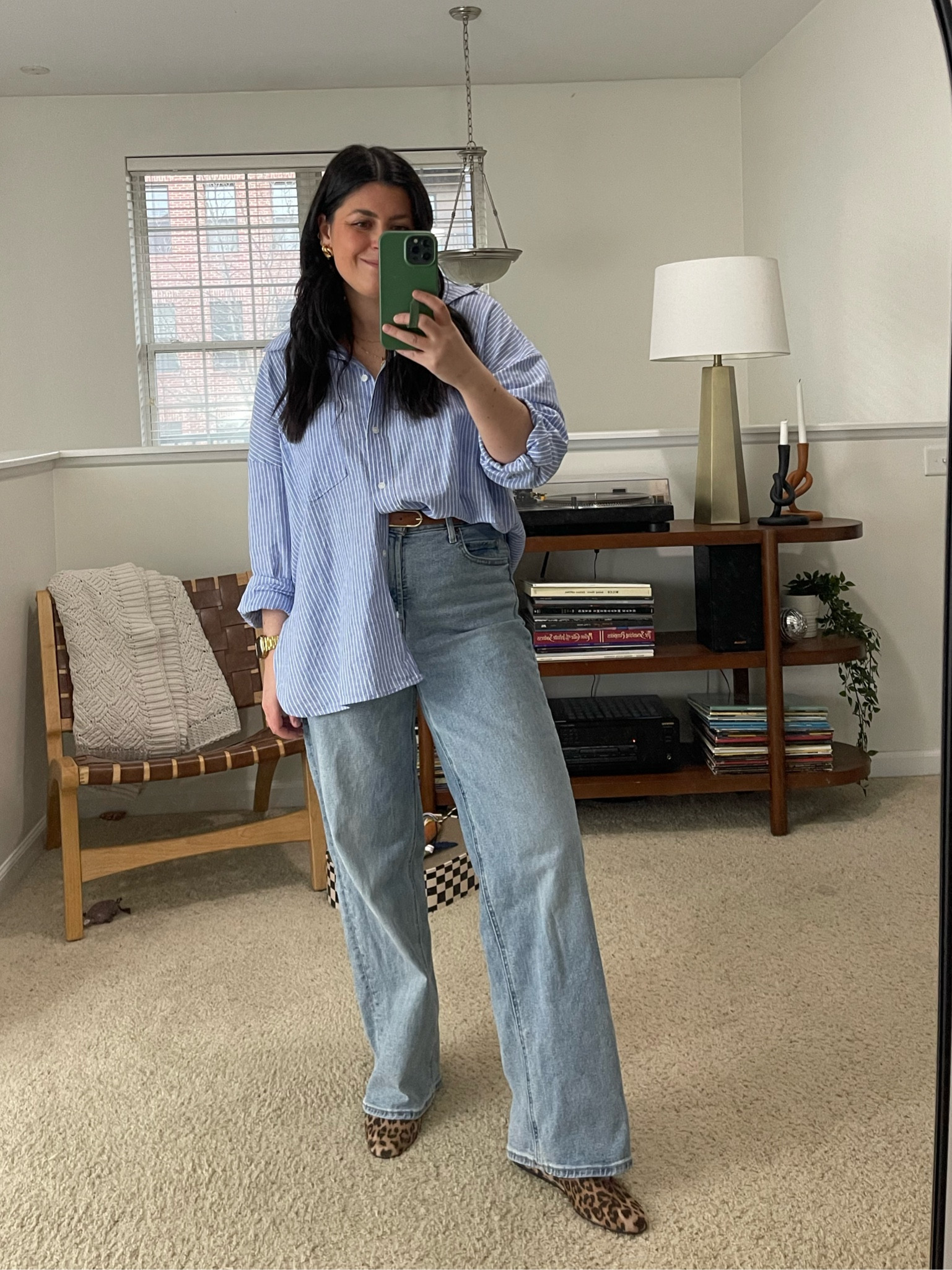 Striped linen button down (large) | wide leg jeans (6) | brown belt | leopard Mary jeans flats (tts) 

Spring outfit | casual spring look 

#LTKStyleTip #LTKFindsUnder50