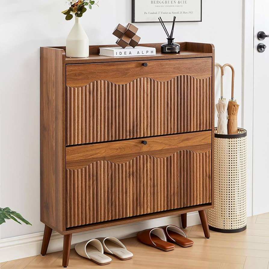 BERRYMERRY 31.5” Fluted Shoe Storage Cabinet with 2 Flip Drawers,Freestanding Narrow Shoe Organ... | Amazon (US)