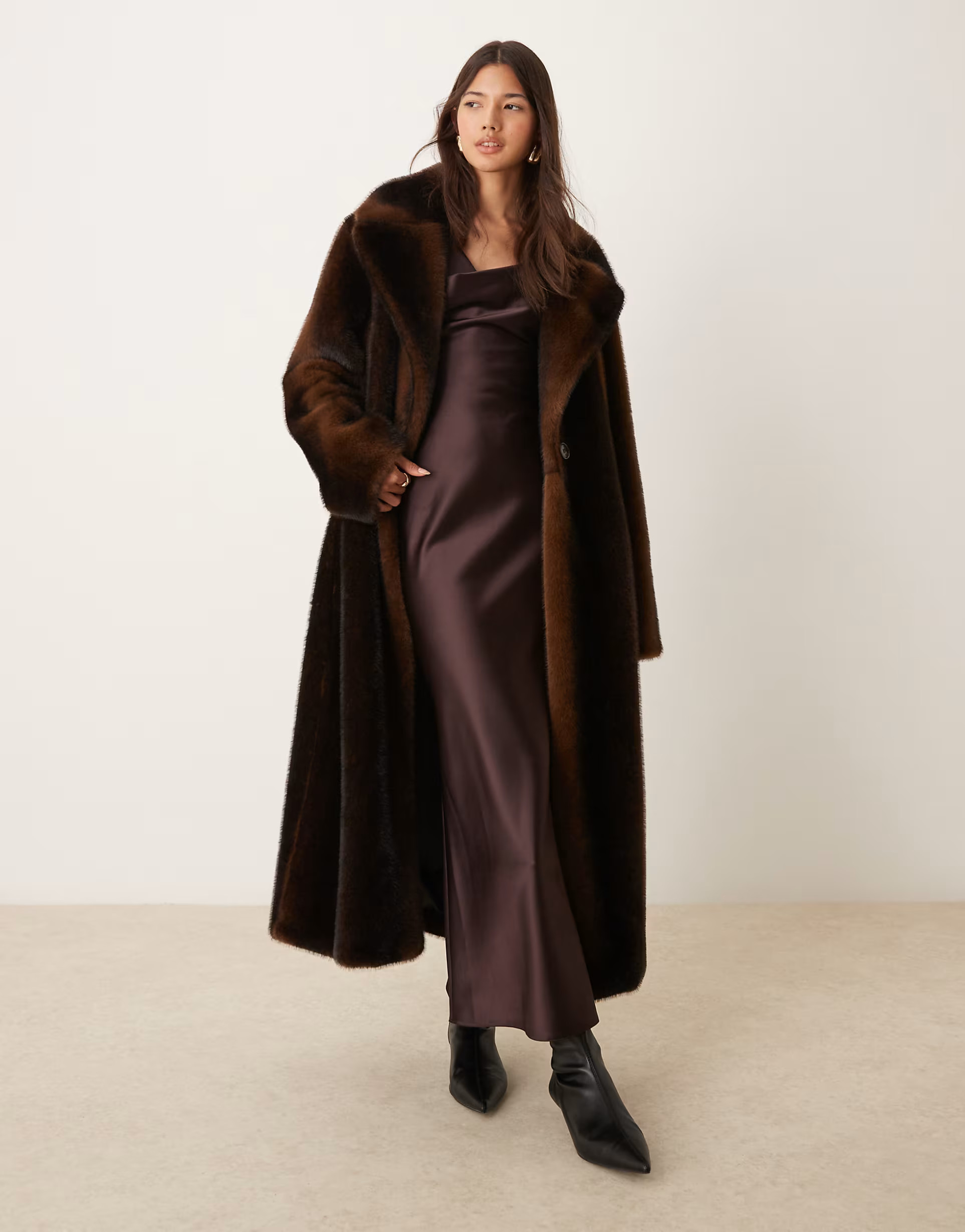 ASOS DESIGN longline vintage look faux fur coat in brown | ASOS (Global)