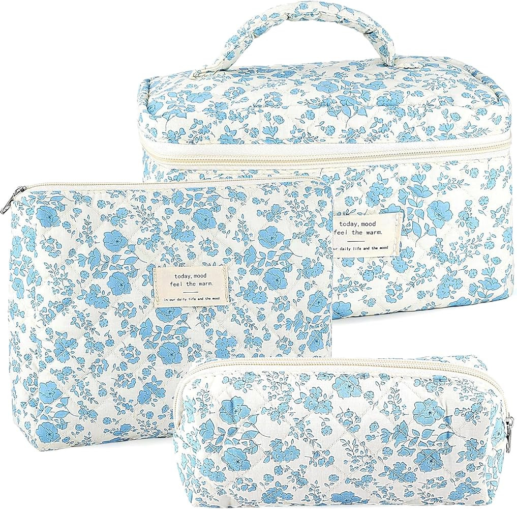 3Pcs Cotton Quilted Makeup Bag for Women Extra Large Small Travel Cosmetic Bag Set Cute Blue Flor... | Amazon (US)