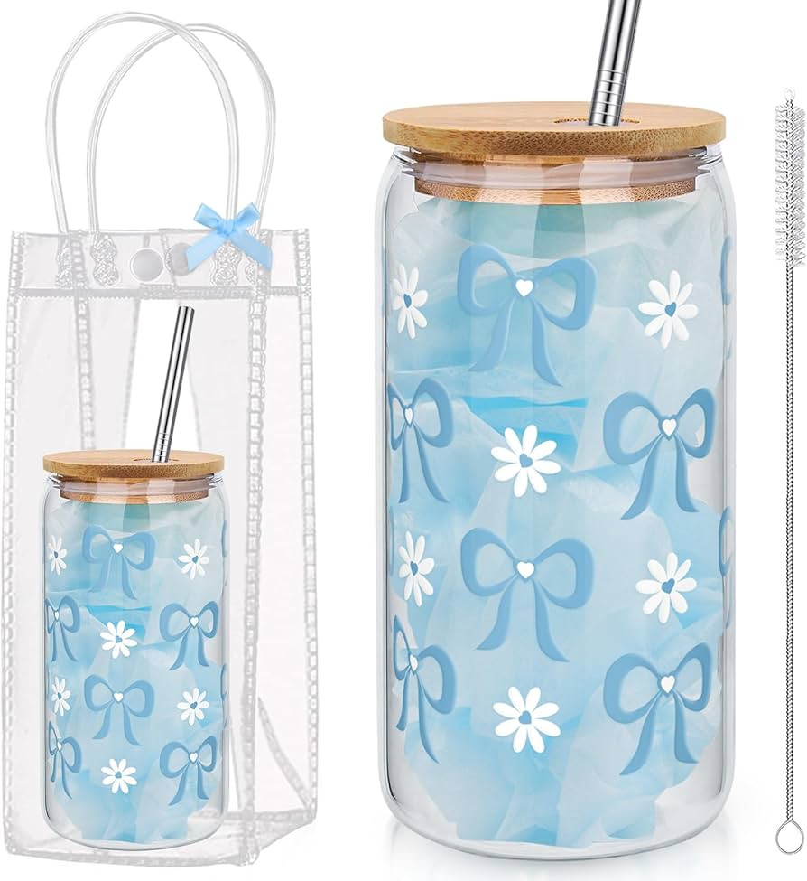 Coquette Bow Aesthetic Cup with Clear Gift Bag, Glass Cups with Lids and Straws, 16 oz Iced Coffe... | Amazon (US)