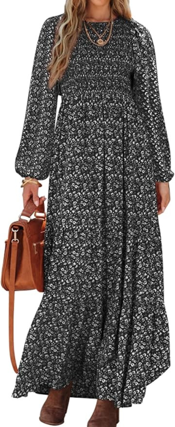 PRETTYGARDEN Women's Fall Dresses 2025 Long Sleeve Flowy Casual Floral Maxi Dress Crew Neck Smock... | Amazon (US)