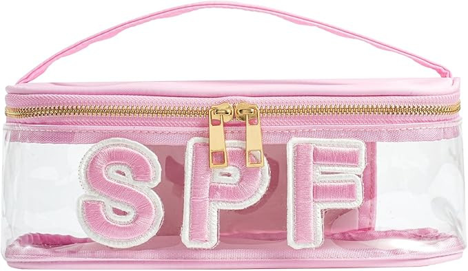 Clear Waterproof Summer SPF Makeup Bag，Aesthetic Transparent Letter Patch Cosmetic Bag with Met... | Amazon (US)