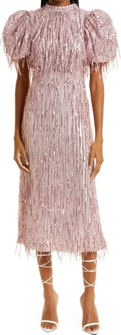 ROTATE Puff Sleeve Sequin Fringe Midi Gown | Nordstrom | Nordstrom