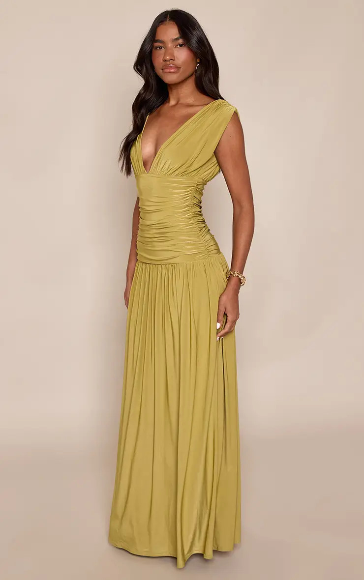 Olive Double Layer Slinky Plunge Sleeveless Maxi Dress | PrettyLittleThing UK