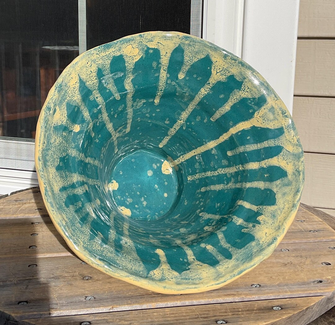 Vintage Artisan Handmade Pottery Bowl Yellow Aqua Amateur Ceramic Drip Glaze | Etsy (US)