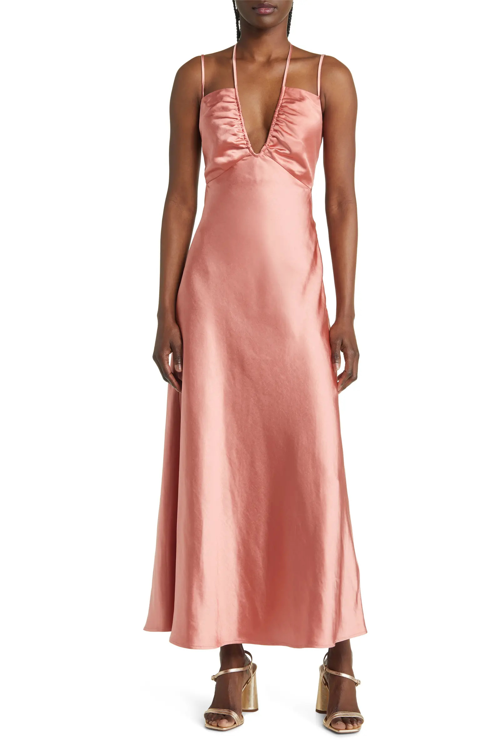 FLORET STUDIOS Satin Strappy Halter Midi Dress | Nordstrom | Nordstrom
