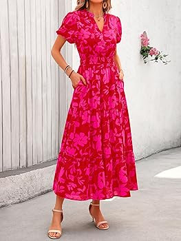 MASCOMODA Summer Maxi Dress for Women 2024 Casual V Neck Puff Short Sleeve Smocked Ruffle Flowy B... | Amazon (US)