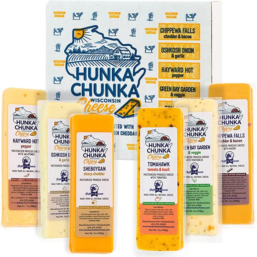 HunkaChunka Wisconsin Cheese Gift Basket, Includes 6 Cheddar Cheese Varieties, Gourmet 2.6 Lb Che... | Amazon (US)