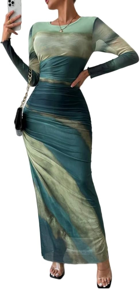 LIGHT DOT Women's Printed Bodycon Maxi Dress Long Sleeve Tie Dye Mesh Ruched Cocktail Dress | Amazon (US)