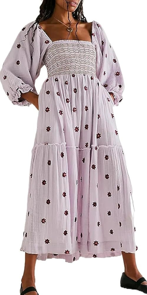 Women Casual Bohemian Floral Dress Square Neck Ruffle Swing A Line Dress Long Sleeve Beach Maxi D... | Amazon (US)