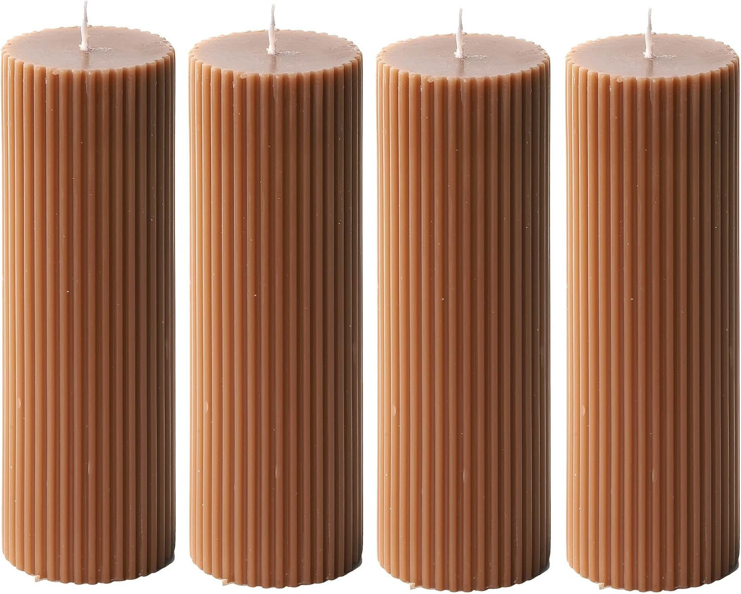 Ribbed Pillar Candles 2x6'' Inches Tall Brown Fluted Column Modern Home Décor Soy Wax Handmade Unscented (4-Pack), Aesthetic Decorative Textured Candle Set | Amazon (US)