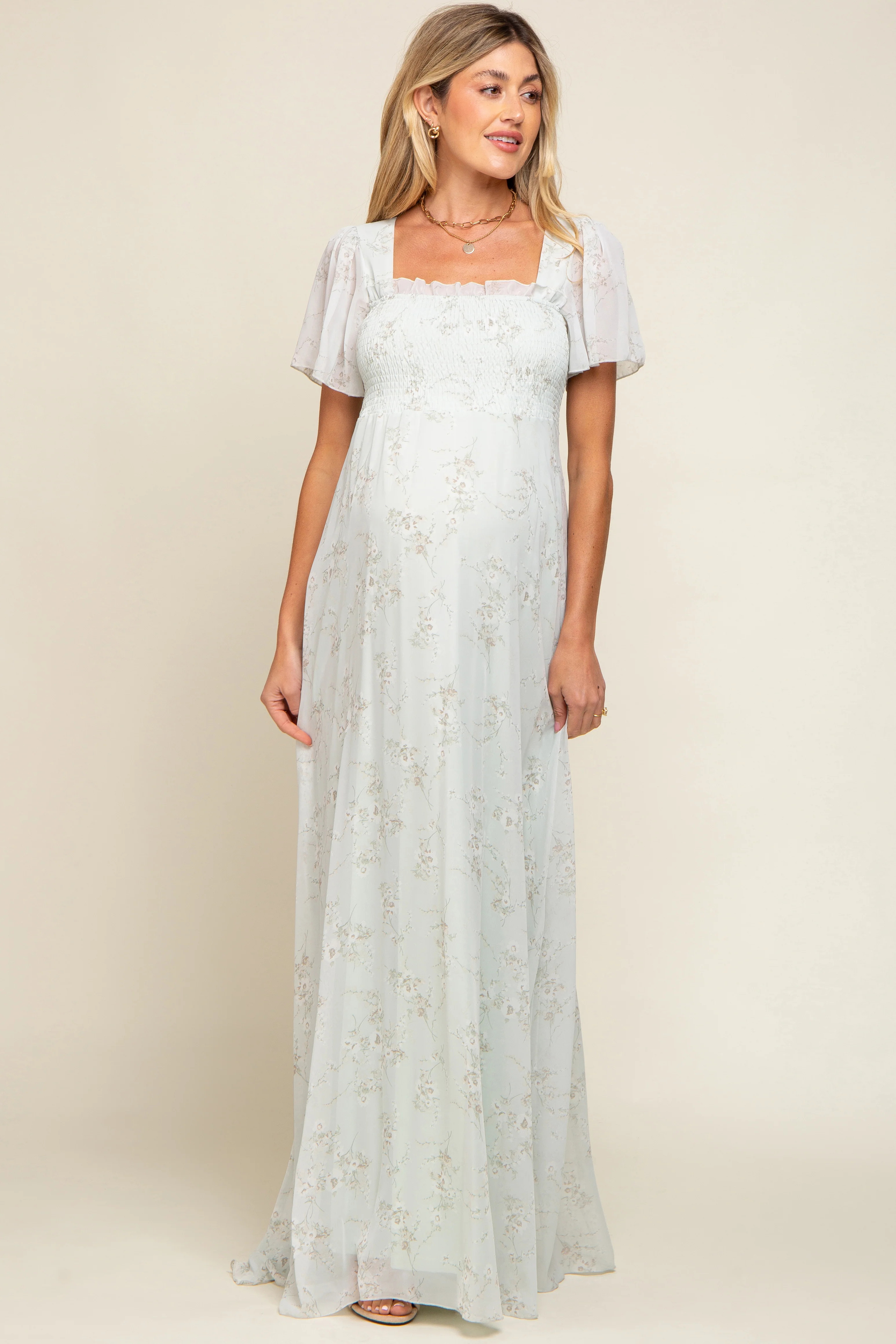 Mint Green Floral Smocked Chiffon Maternity Maxi Dress | PinkBlush Maternity
