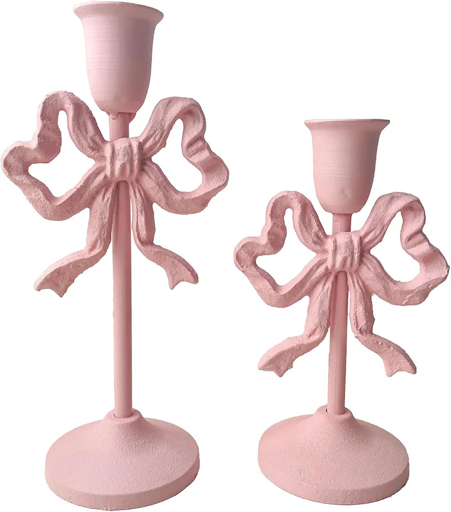Juego de 2 portavelas cónicos de hierro con nudo de lazo rosa, portavelas decorativo para decora... | Amazon (US)