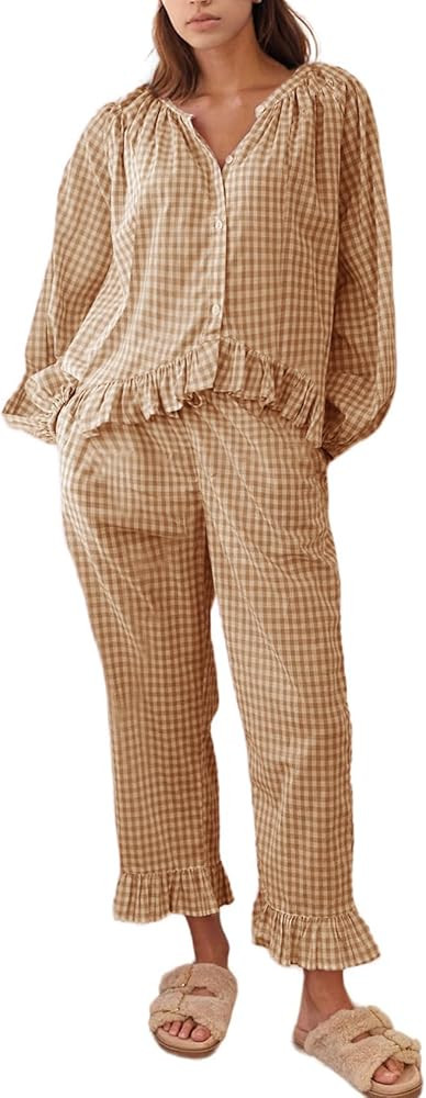 Flygo Womens Plaid Pajamas Sets 2 Piece Cotton Pj Set Puff Sleeve Ruffle Babydoll Shirt Gingham P... | Amazon (US)