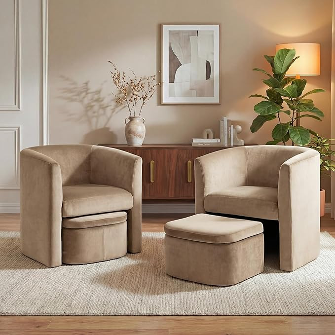COLAMY Morden Velvet Barrel Accent Chair with Storage Ottoman Set of 2, Upholstered Living Room S... | Amazon (US)