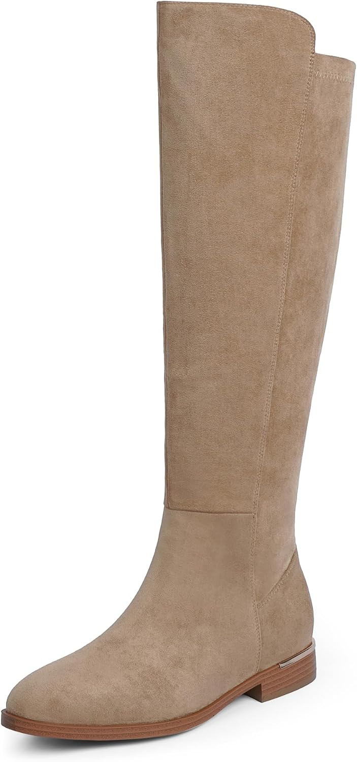 Rounded Toe Flat Stretchy Dress Knee High Boots Side Zipper | Amazon (US)