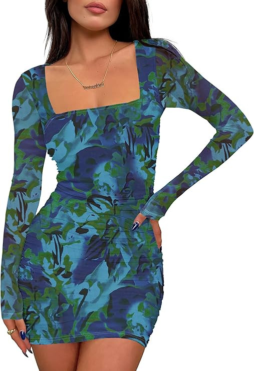 Prinbara Womens Mesh Long Sleeve Square Neck Ruched Mini Dress Sexy Bodycon Elegant Cocktail Even... | Amazon (US)