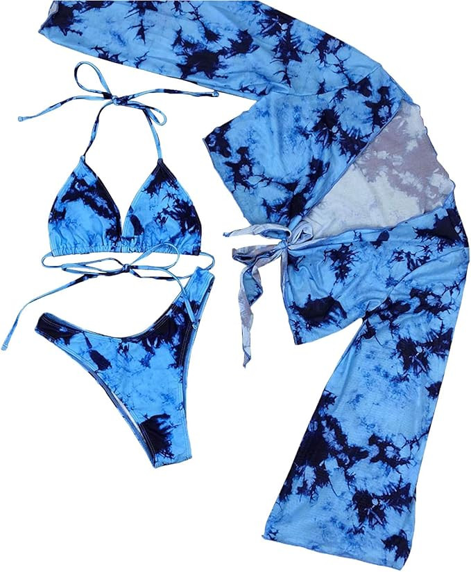 Bikini Swimsuit for Women, Tie Dye 3 Pieces Set, Knot Front Off Shoulder Cover Up with Halter Bik... | Amazon (US)