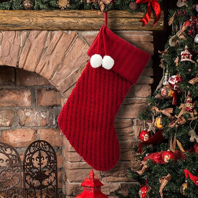 S-DEAL Red Knitted Christmas Stocking 21 Inches Mantel Decoration Double Layers with Pompom Gift ... | Amazon (US)