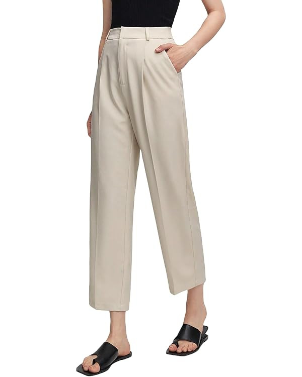 SweatyRocks Women's High Waist Zip Up Pleated Pants Straight Leg Long Trousers Pants with Pocket | Amazon (US)