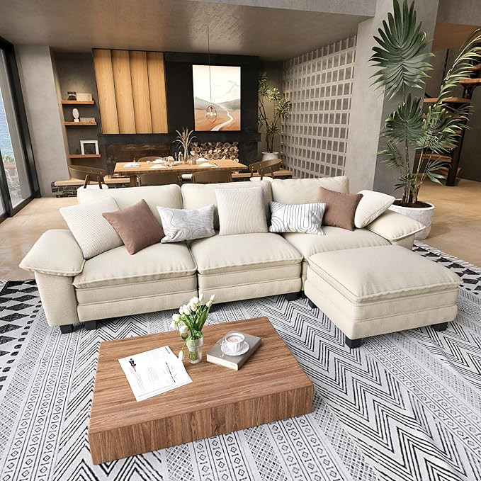 Amazon.com: SUNSHINE VALLEY L Shaped Modular Cloud Couch, 123.6'' Comfy Chenille Sectional Sofa w... | Amazon (US)