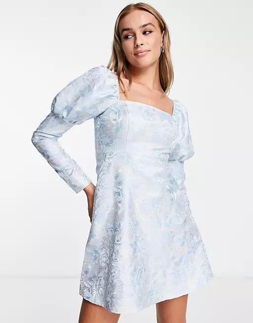 Miss Selfridge jacquard puff sleeve mini dress in blue | ASOS (Global)