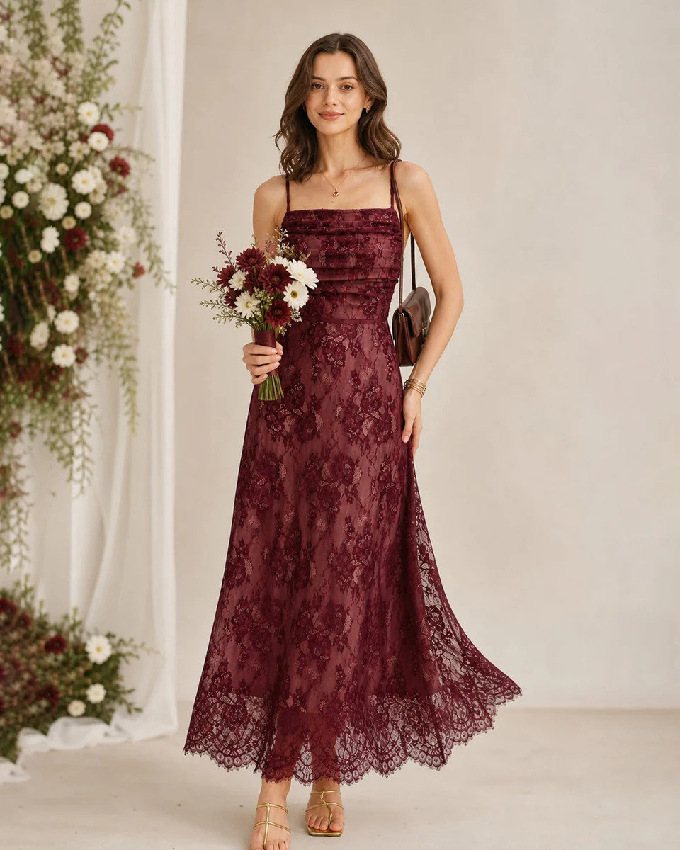Wine Red Lace Slip Maxi Dress | rihoas.com