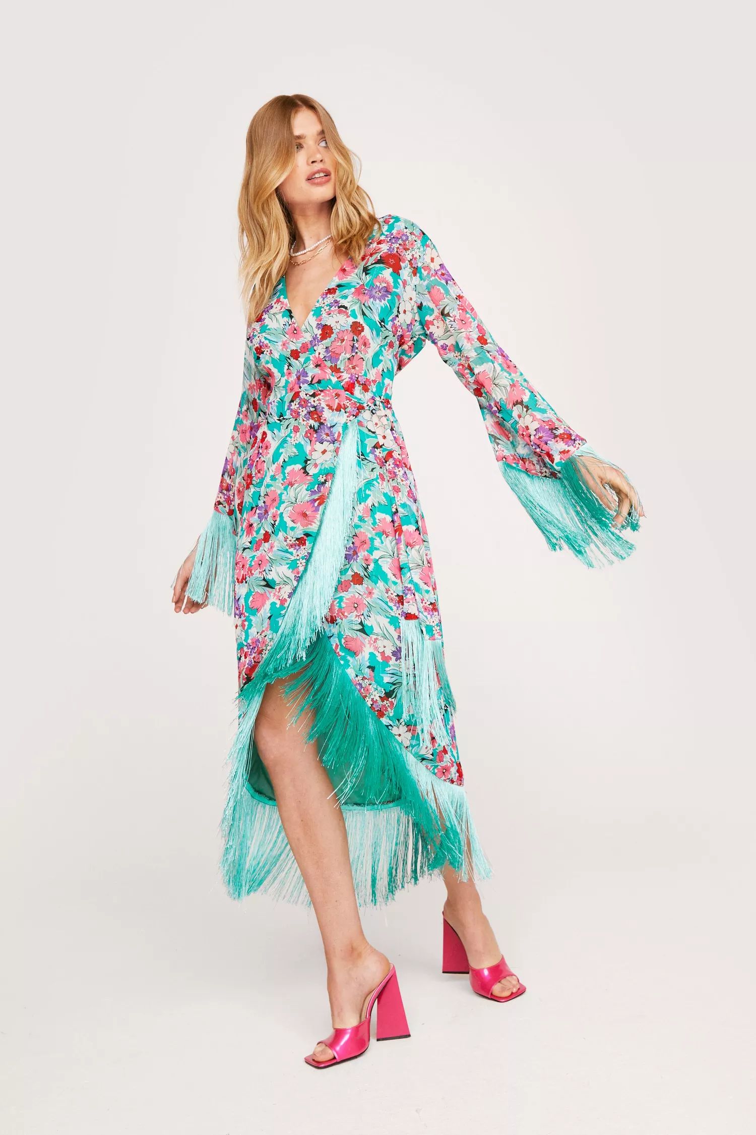 Floral Print Fringe Detail Wrap Midi Dress | Nasty Gal (US)