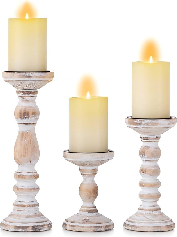 Romadedi Candle Holder for Pillar Candles Set of 3 Decorative Wood Candlestick Holders, Rustic Wo... | Amazon (US)