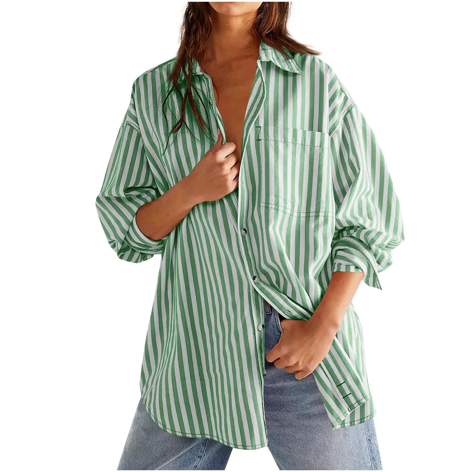 Striped Button Down Shirts for Women Oversized Fit Long Sleeve Collared Blouses with Pocket Dress... | Walmart (US)