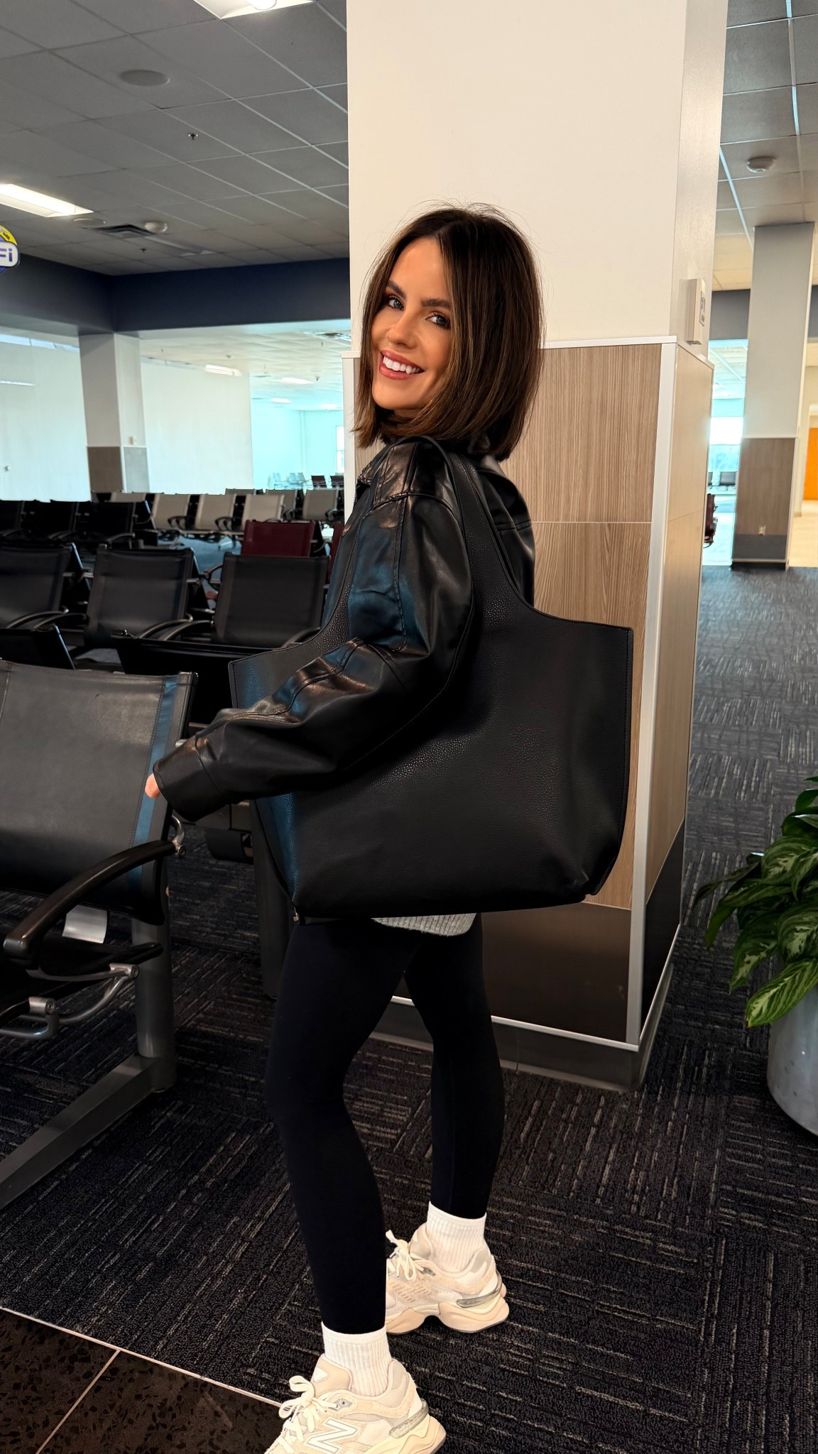 Wearing a small in everything - shoes are true to size 

The ultimate airport travel outfit ✈️🖤 Black leggings, oversized leather jacket, New Balance sneakers, white socks, and the BEST oversized tote bag for travel days. Cozy, neutral, minimal + practical! #airportoutfitideas #traveloutfitideas #chictraveloutfit #leatherjacketstyle #neutralstyle #minimalfashion #airportfits #airportready #travelbags #totebagtrends #newbalances #wintertravelstyle #falltraveloutfit #leggingsstyle #capsulewardrobe #outfitideas2024


#LTKCyberWeek #LTKootd #LTKGiftGuide
