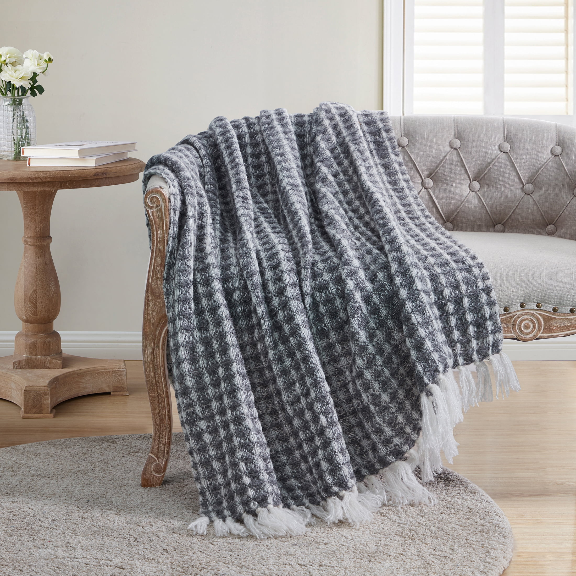 My Texas House Morgan Waffle Acrylic Fringe Throw, 50" x 60", Grey | Walmart (US)