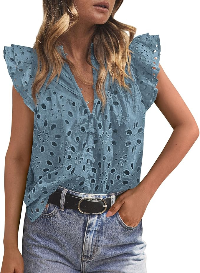 PRETTYGARDEN Womens Summer Tops 2026 Dressy Casual Ruffle Cap Sleeve Button V Neck Embroidered Ey... | Amazon (US)