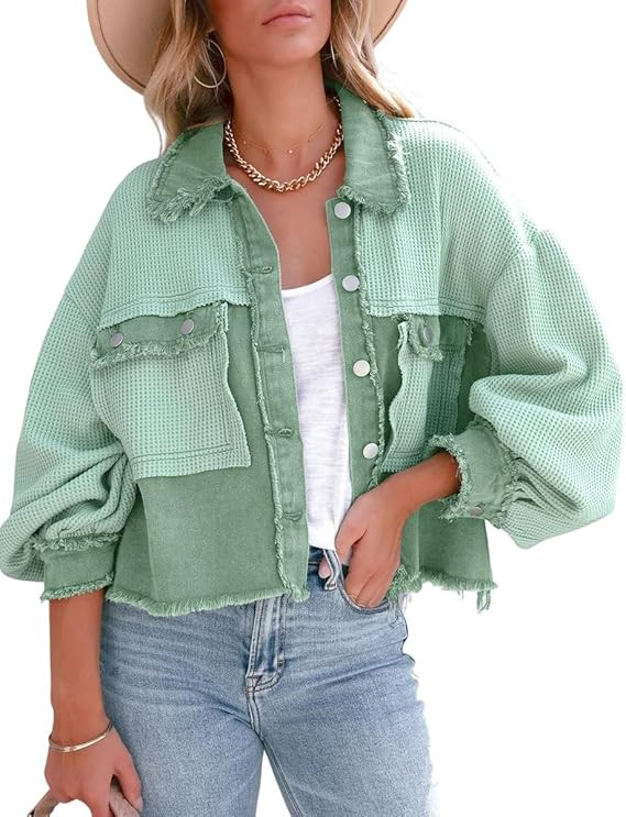 chouyatou Women's Cropped Waffle Knit Jacket Boyfriend Button Down Shirt Shacket Tops | Amazon (US)