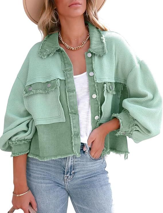 chouyatou Women's Cropped Waffle Knit Jacket Boyfriend Button Down Shirt Shacket Tops | Amazon (US)