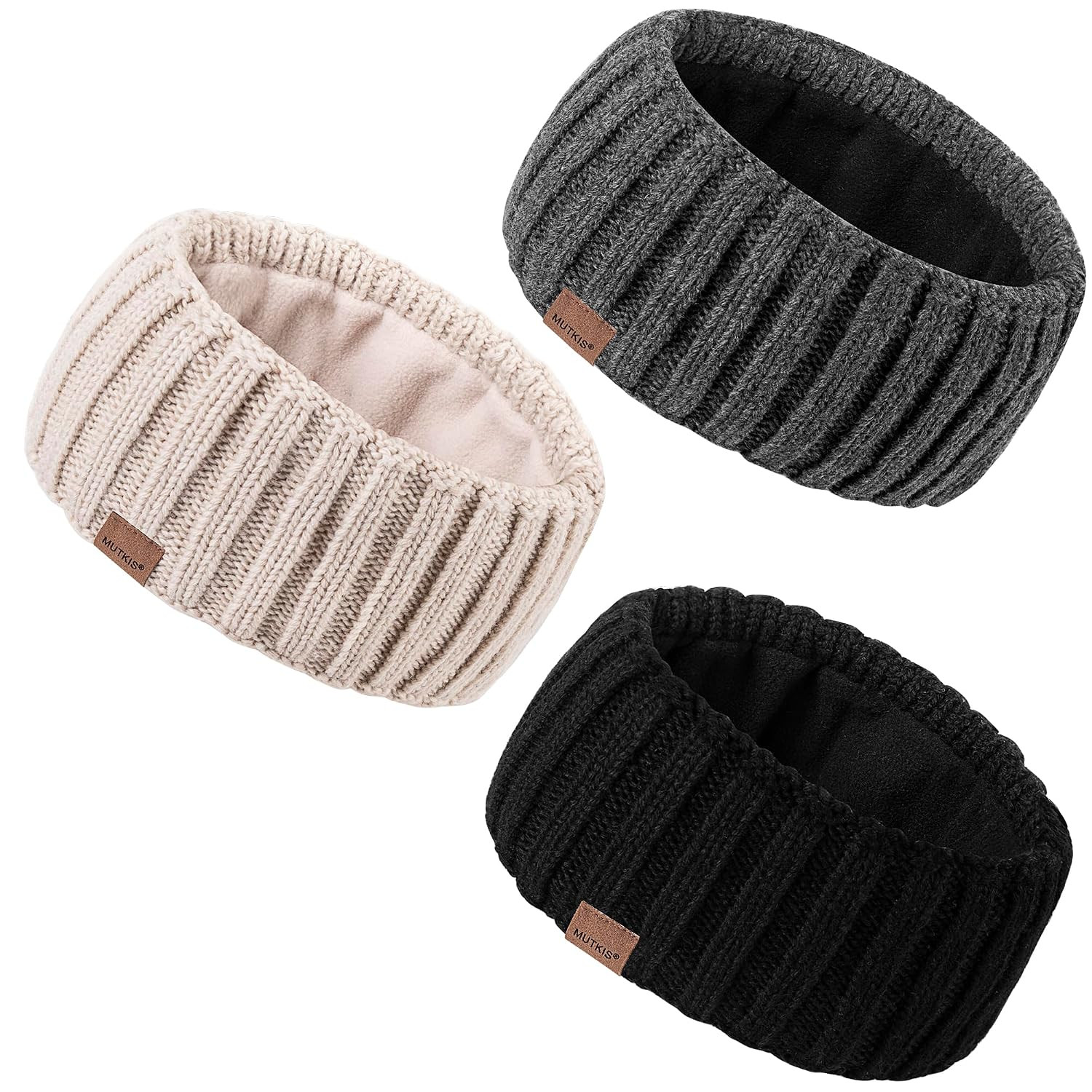 Winter Headbands for Women 3 Pack, Ear Warmers for Women Headband Wool Knit Thick Fleece Lined, Cold Weather Warm Ear Muffs(Black&Beige&Dark Gray) | Amazon (US)