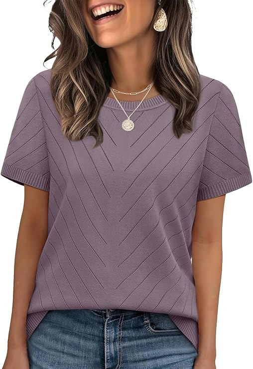 WIHOLL Short Sleeve Sweater for Women Trendy Summer Tops Crew Neck Business Casual Outfits 2026 | Amazon (US)