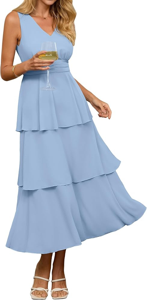 BerryGo Womens Summer Sleeveless Maxi Dress Chiffon Flowy V Neck Casual Ruffle Tiered Boho Weddin... | Amazon (US)