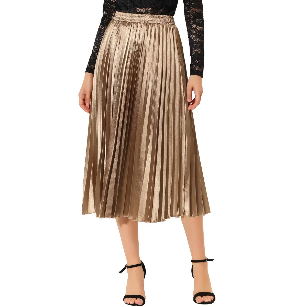 INSPIRE CHIC Women's Party Elastic Waist Metallic Shiny Accordion Pleated Midi Skirt | Target