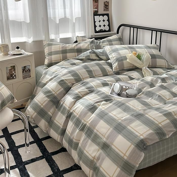 mixinni Twin XL Comforter Set Green Geometric Checkered Plaid Bedding Comforter Set Men Boys Mode... | Amazon (US)