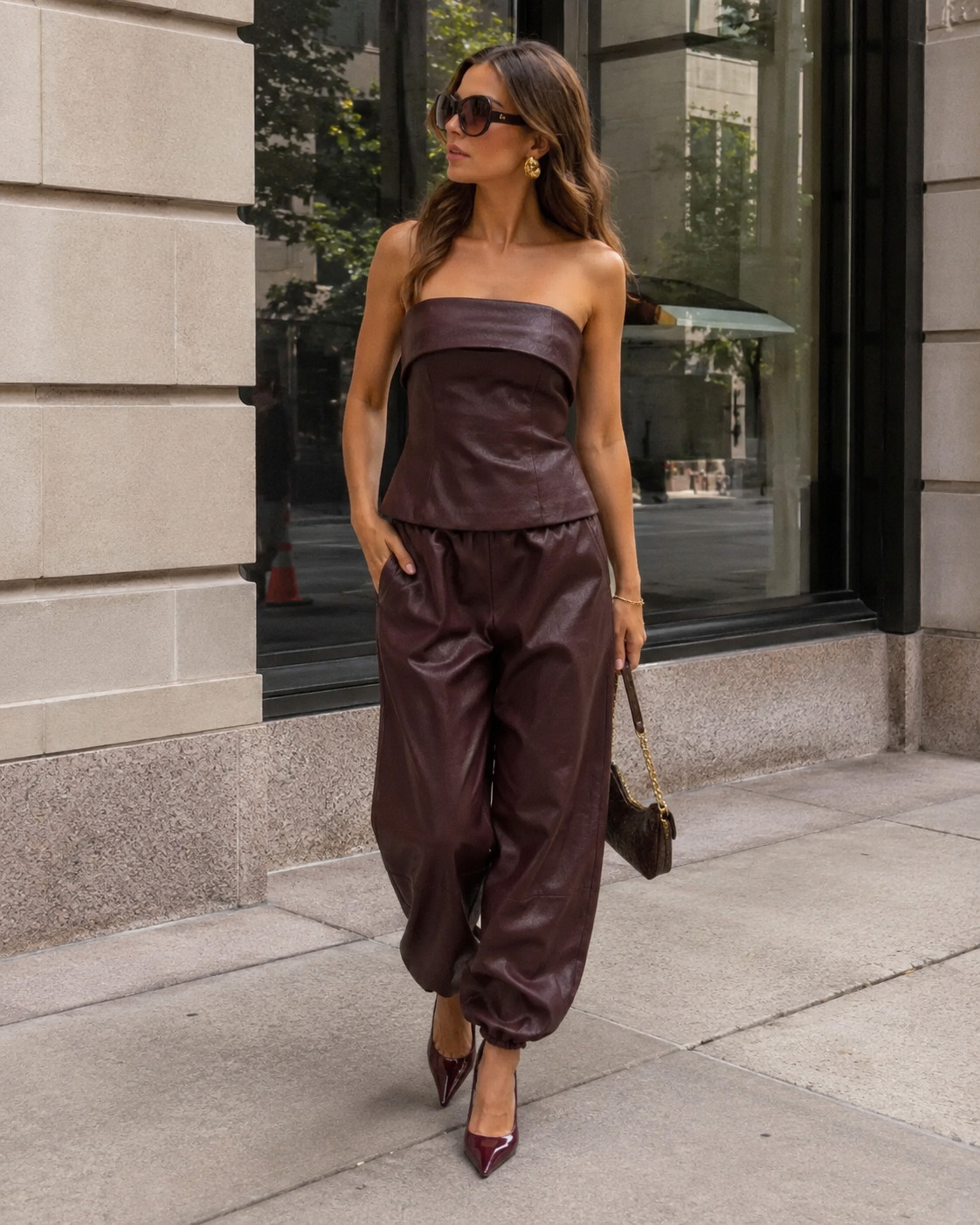 Okay this deep burgundy faux leather set is giving expensive fall energy 🍷🤎 The strapless top with relaxed leather pants is such a cool mix of polished and effortless. Add pointed heels and a little shoulder bag for the cutest fall dinner or girls’ night look. #AvecLesFilles #FauxLeather #BurgundyOutfit #FallFashion #FallNightOut #FallStyle #ChocolateBrown #AutumnOutfit #LTKFashion #FallTrend #DateNightOutfit 

 #LTKootd #LTKSeasonal #LTKU