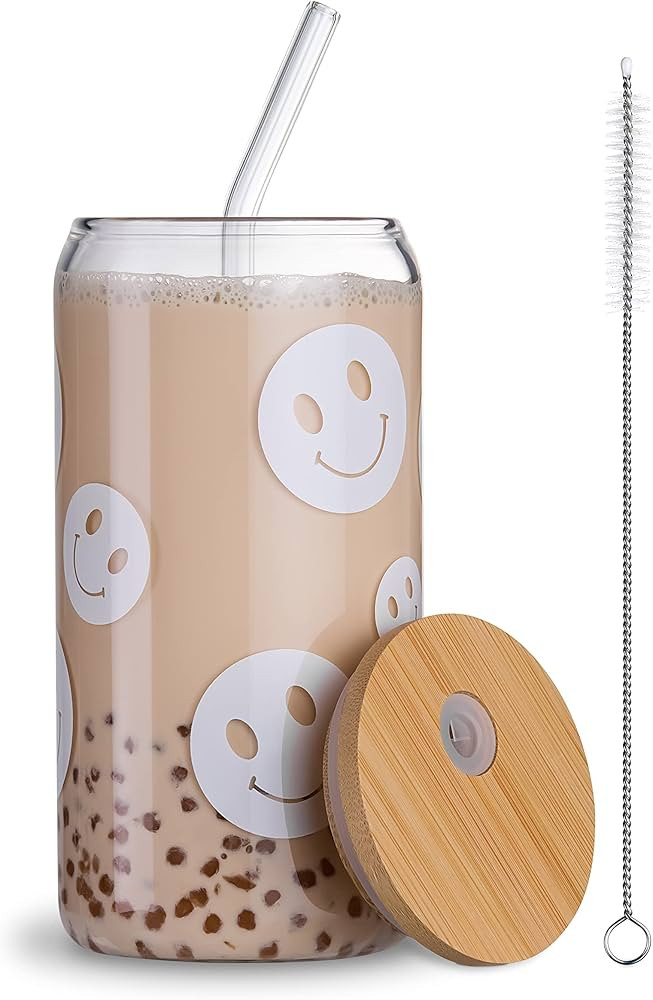 KAUND Ice Coffee Cup with Bamboo Lids and Glass Straw,16oz Sublimation Boho Printed Beer Can Glas... | Amazon (US)