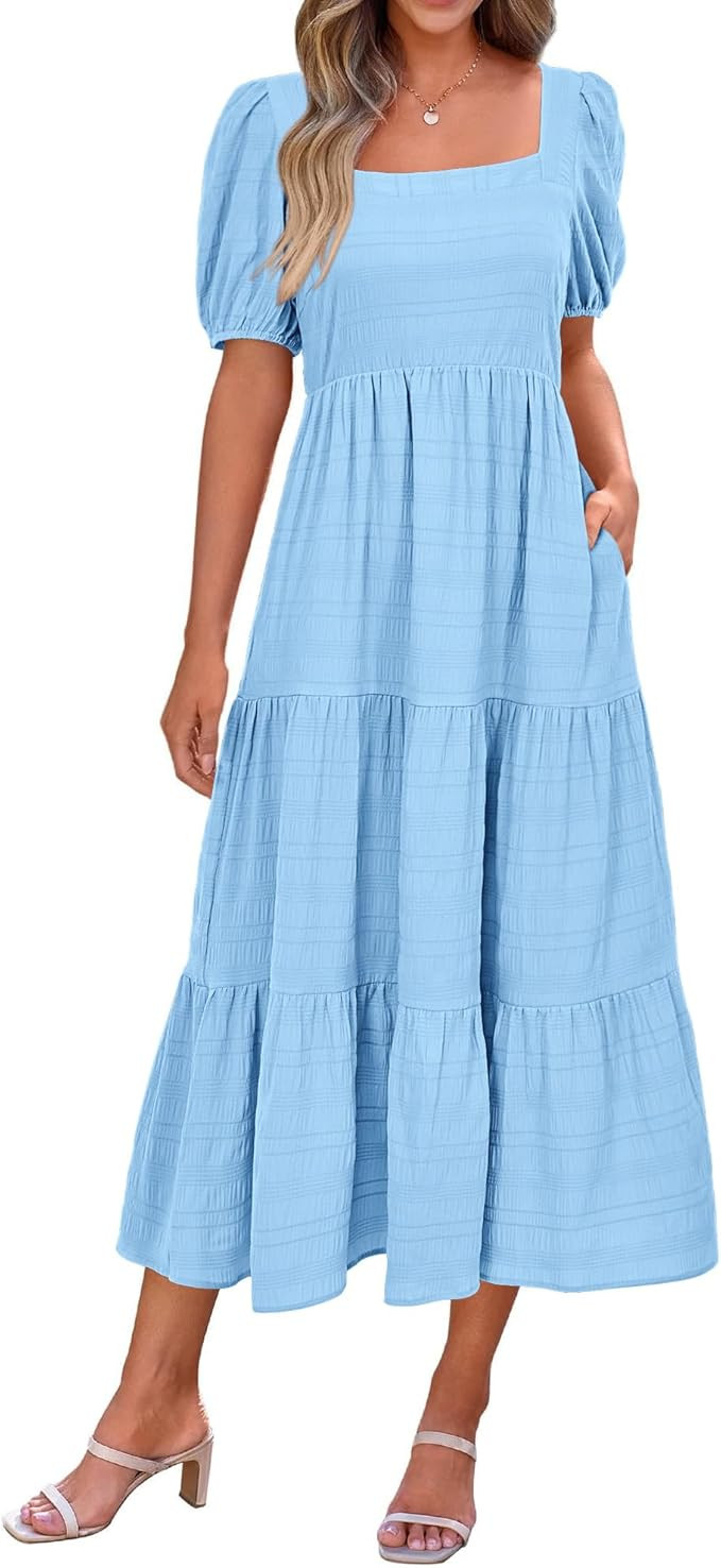 PRETTYGARDEN Women's Summer Dresses 2026 Puff Sleeve Square Neck High Waist Smocked A-Line Flowy ... | Amazon (US)